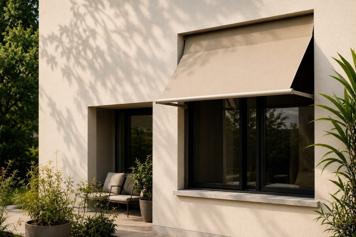 Beige knikarmscherm boven een raam, gemonteerd door Exact Zonwering