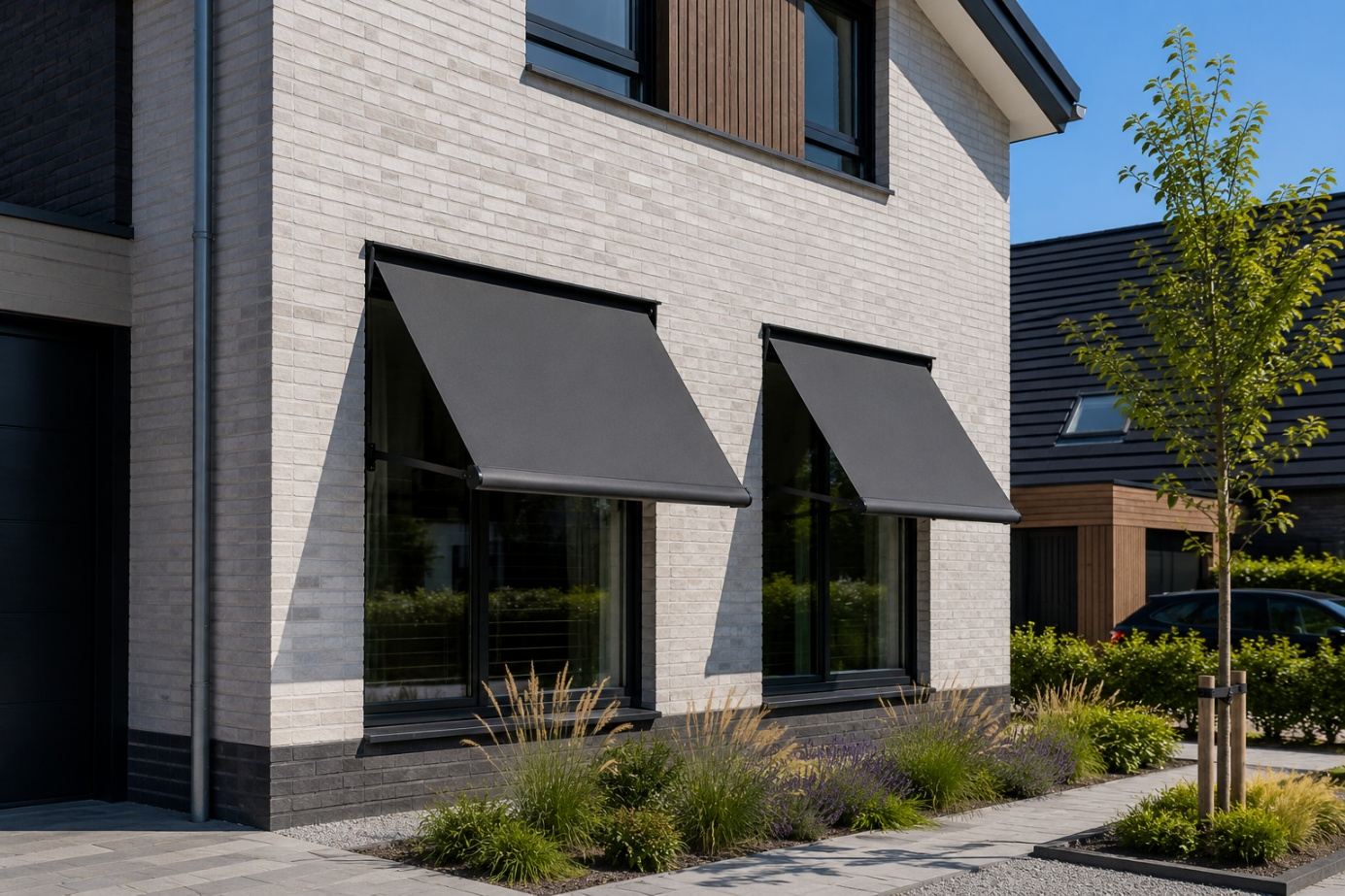 Antraciet uitvalscherm aan een moderne woning, gemonteerd door Exact Zonwering
